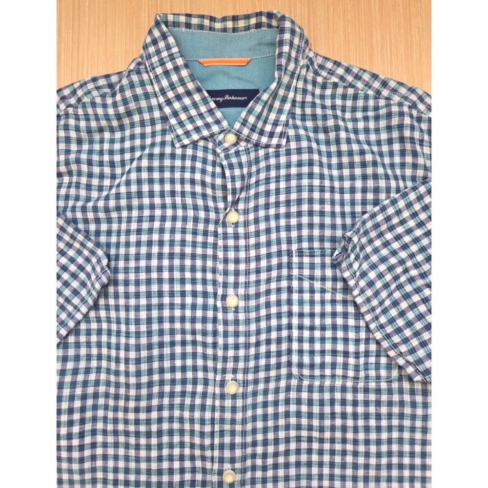 Tommy Bahama Mens Large Blue Plaid Short Sleeve Shirt 100% Linen Button Up
